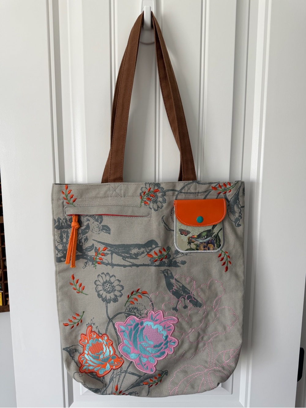 Floral Canvas Tote with Orange Accent and Brown Straps